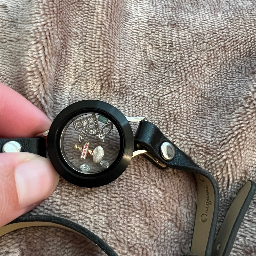 Black Leather Charm Bracelet with Clear Face